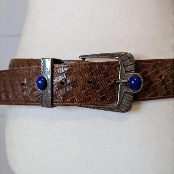Vintage woven texture leather belt with blue stone silver buckle - Picture 2 of 7